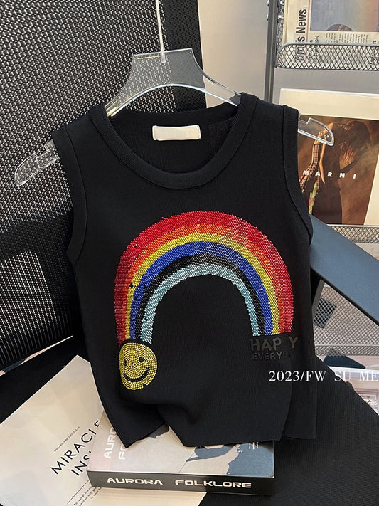 Heavy industry rainbow ironing diamond sleeveless knitted vest women's summer new high-end design sense fashion light luxury short top