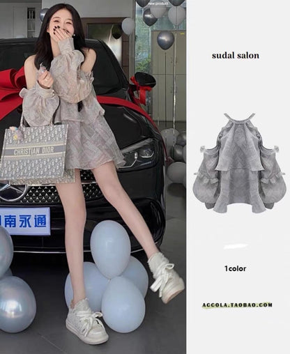 Temperament fairy wood ear strapless gray shirt summer new niche design sense French tea chic top