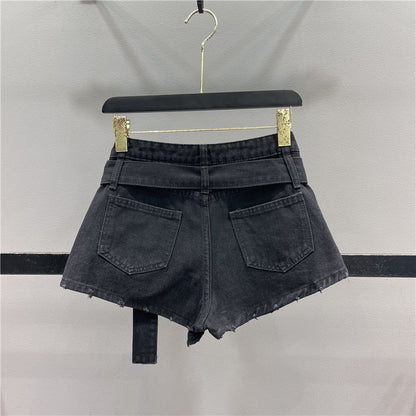 Beggar's hole hot girl denim shorts women's 2023 summer new style with long and thin A-line wide-leg hot pants
