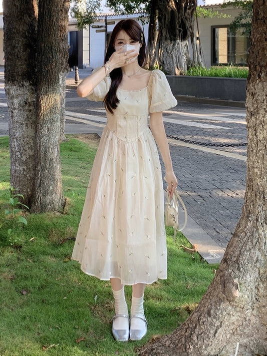 Summer new holiday French square collar dress slimming fairy waist tea break skirt small temperament long skirt