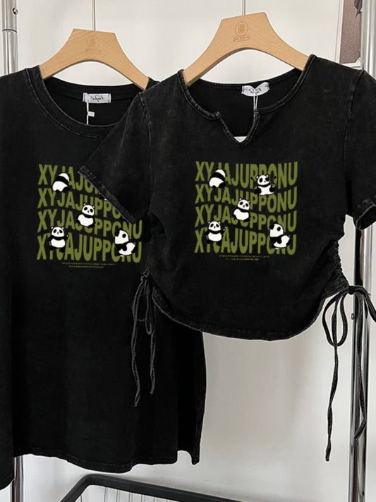 Girlfriends and sisters couples wear old washed short-sleeved t-shirt women's summer slimming t-shirt short drawstring hot girl top