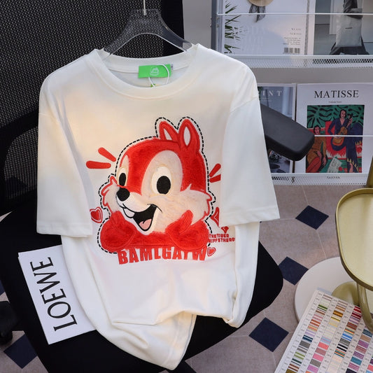JWNEED sweet squirrel couple T-shirt women's summer trendy brand dopamine wear and match all-match 3D embroidery short sleeves