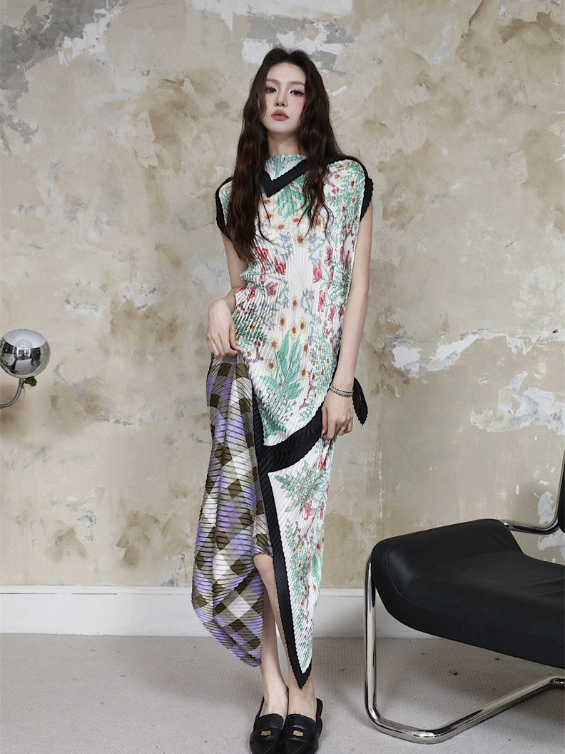 2023 summer niche design sense purple lattice flower irregular design pleated skirt high collar silk scarf skirt