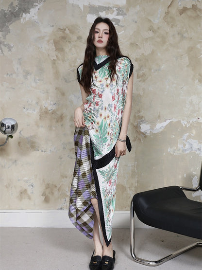 2023 summer niche design sense purple lattice flower irregular design pleated skirt high collar silk scarf skirt