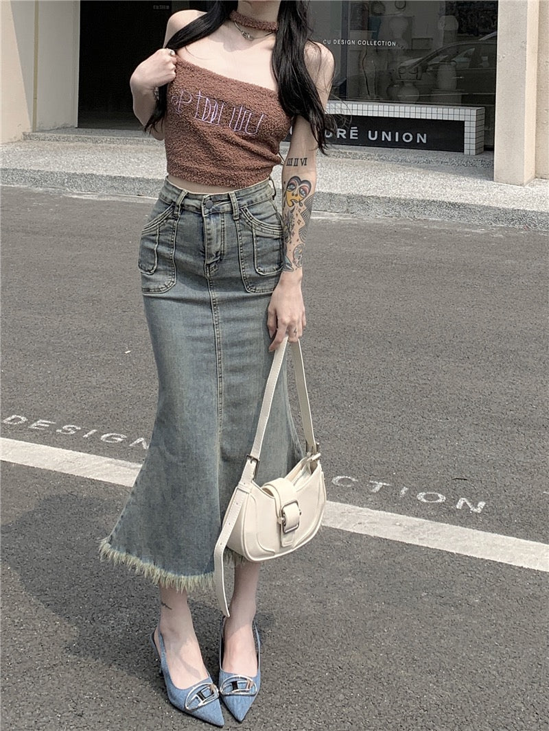 Kumikumi retro nostalgic denim skirt women's summer high waist bag hip mermaid skirt mid-length slit skirt
