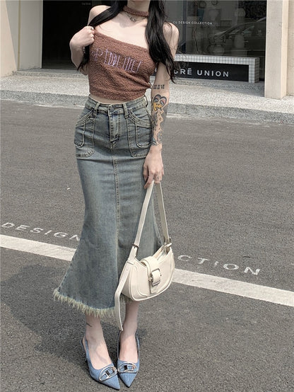 Kumikumi retro nostalgic denim skirt women's summer high waist bag hip mermaid skirt mid-length slit skirt