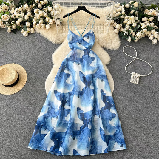 Summer ink smudged suspender dress summer new French retro light cooked dress fairy platycodon first love tide