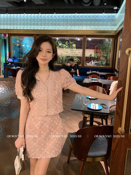 Qiu Rouyao 2023 Summer New Three-dimensional Rose Design Fashion Suit Female Pink Temperament Two-piece Set