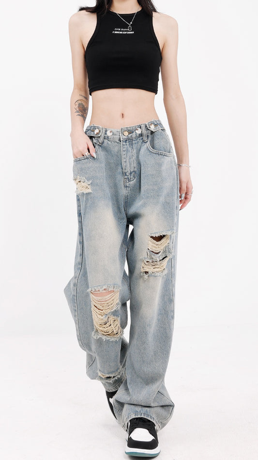 KEN STUDIO hole washed gradient jeans women's spring and summer new loose straight tube mopping wide-leg pants pants