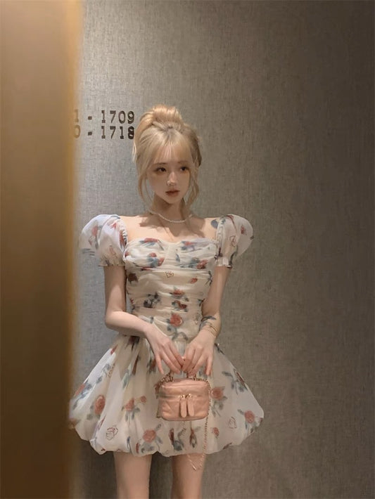 French oil painting rose floral short-sleeved dress women's summer puff sleeve skirt high-level fluffy princess skirt