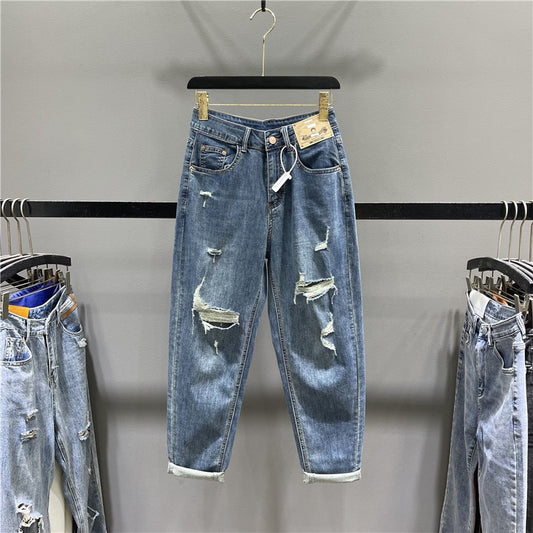 European goods 2023 summer thin beggars ripped harem jeans women's elastic loose small feet radish pants trendy