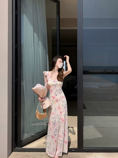 Middletone | Flower Shadow Hibiscus~Gentle Bias Cut Slim Long Large Round Neck Flying Sleeve Printed Dress