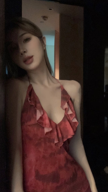 Spring and summer women's v-neck ruffles hanging neck dress high waist slim bag hip skirt new retro open back small man
