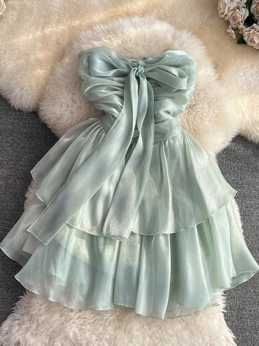 Summer French design bow tube top pleats waist slimming A-line cake princess dress