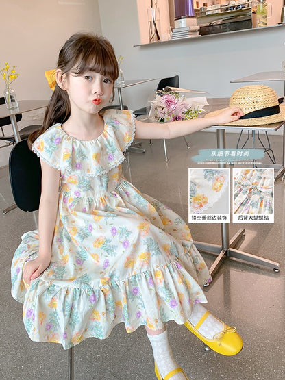 Girls summer dress 2023 new foreign style children's skirt summer children's clothing little girl floral princess dress tide