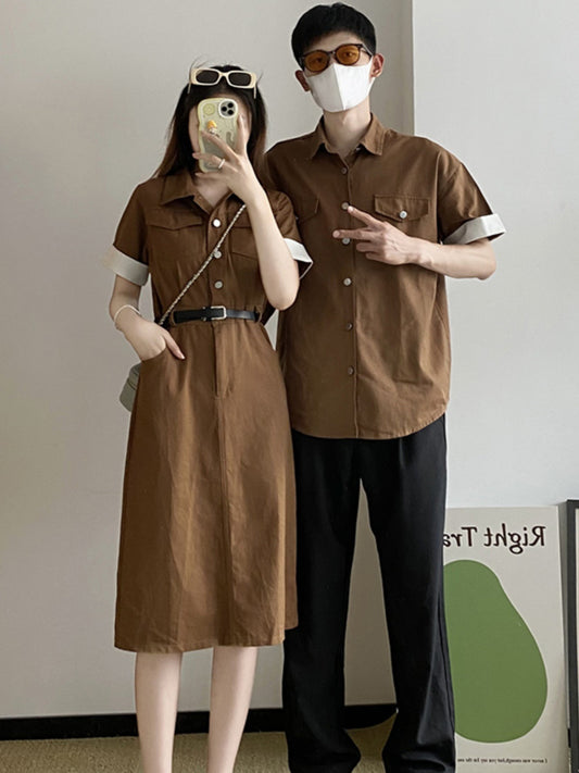 Couple outfit 2023 new summer ins Hong Kong style retro tooling dress Korean version French design sense niche trend