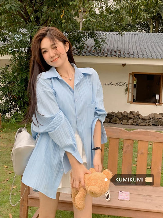 Blue lazy wind Polo collar long-sleeved sunscreen shirt jacket women's summer loose mid-length casual shirt top