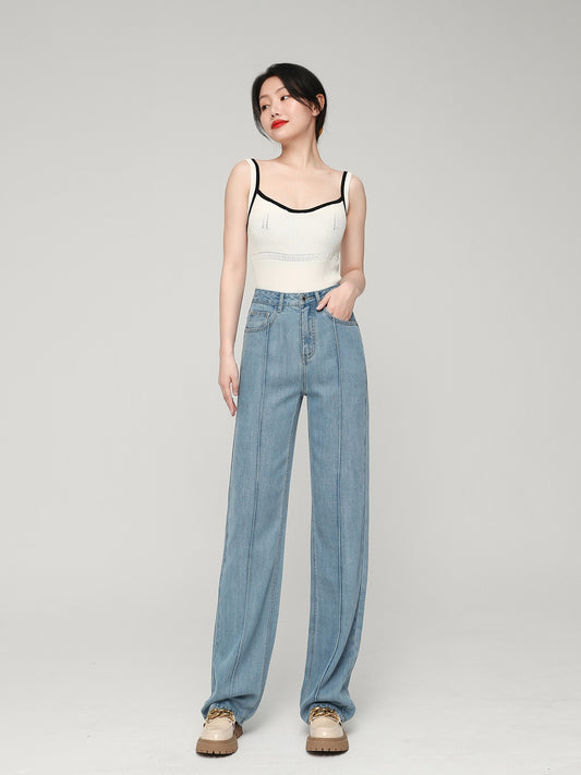 Wang Youshan denim wide-leg pants women's floor-mopping drape summer 2023 thin straight-leg trousers loose slim high-waisted pants