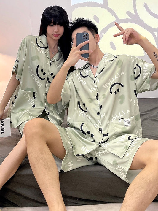 Ice silk pajamas women's summer couple short-sleeved shorts men's loose large size casual home service summer new suit