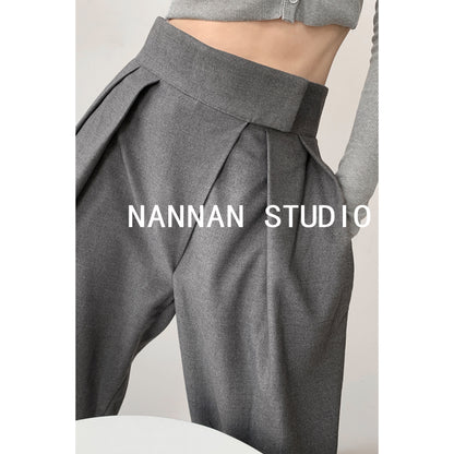 Spring and Autumn Velcro Draping Suit Pants Design Pressed Pleated Loose Straight Mopping Trousers Casual Wide-leg Pants Women