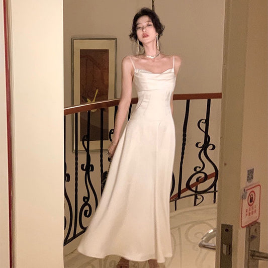 From a moment white sling dress women's clothing 2023 new satin slim waist high-end skirt
