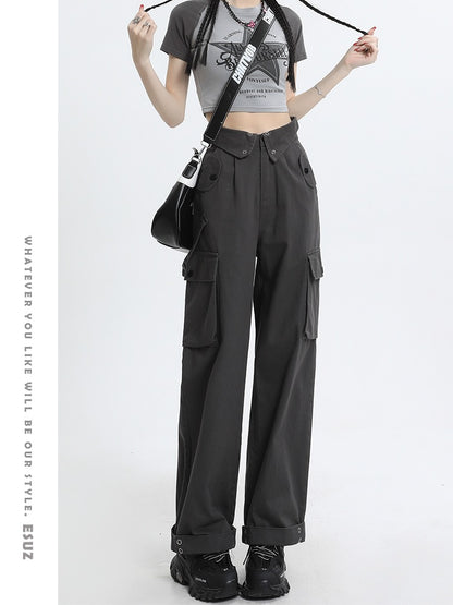 American retro overalls women's summer hot girl design sense multi-pocket high waist loose casual wide-leg straight-leg pants