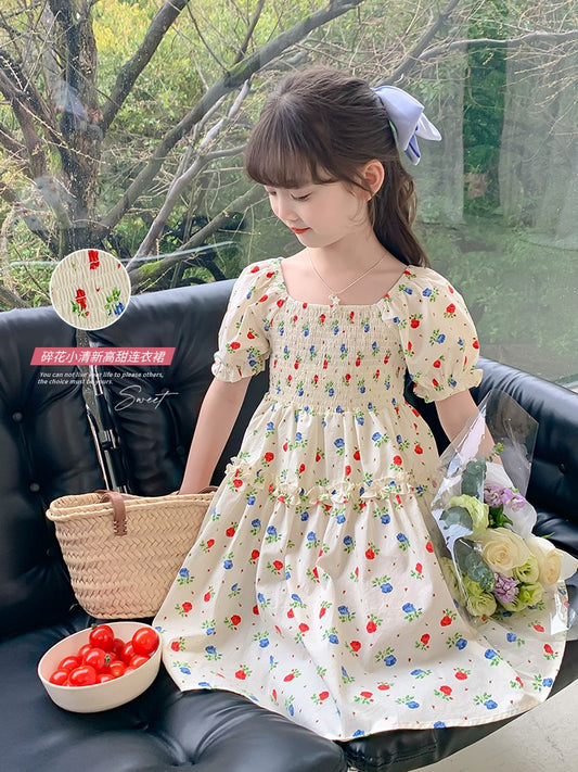 Girls dress summer dress 2023 new foreign style children's cotton skirt summer little girl puff sleeve princess dress