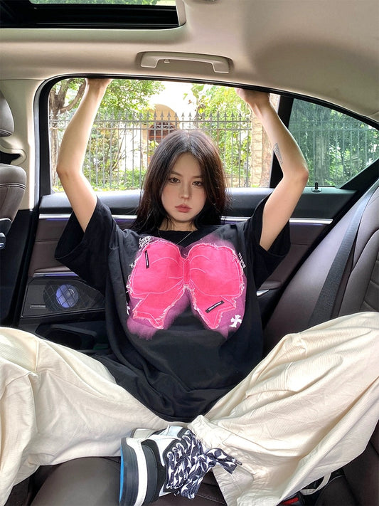 BabyStudios American sweetheart bow embroidery loose round neck short-sleeved T-shirt women's top hot girl summer