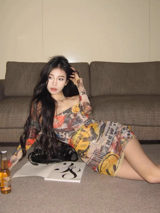 Sweet babes sexy printed one-shoulder long-sleeved dress women's summer mesh slim-fit see-through bag hip skirt skirt
