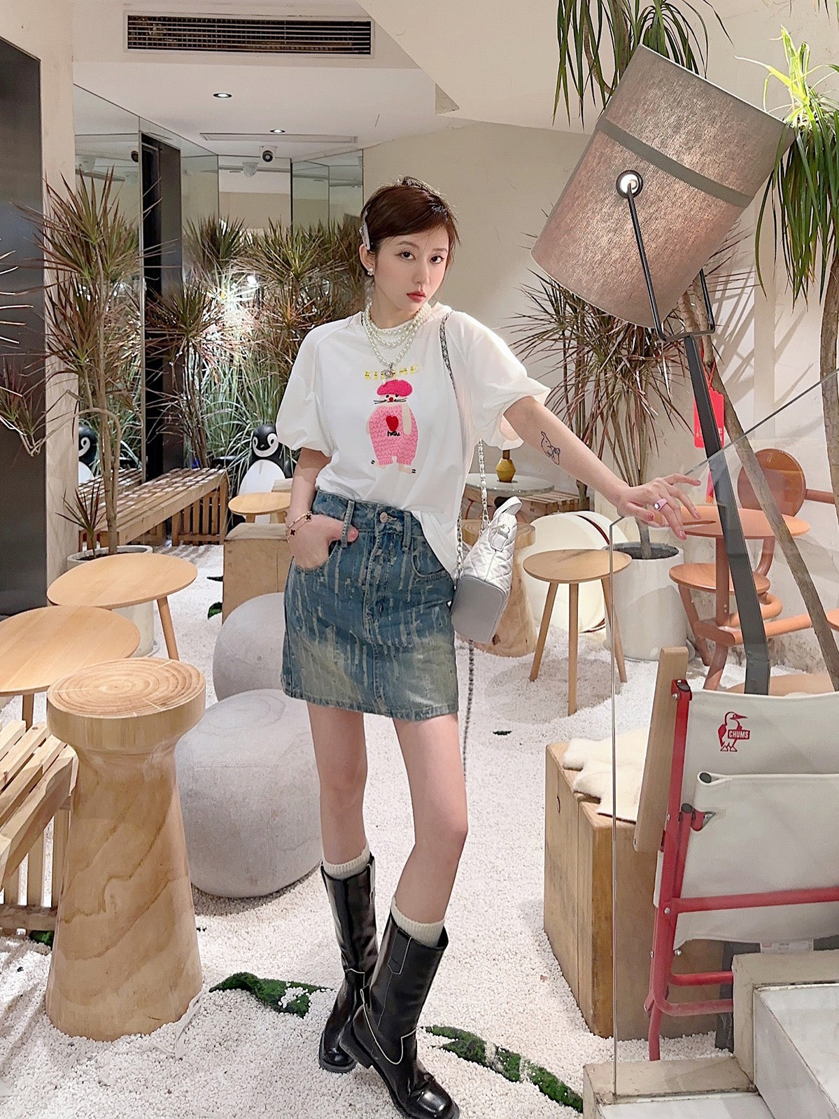 Thebestxue Korean version of white printed beading asymmetric bubble short-sleeved t-shirt women's 2023 new top summer