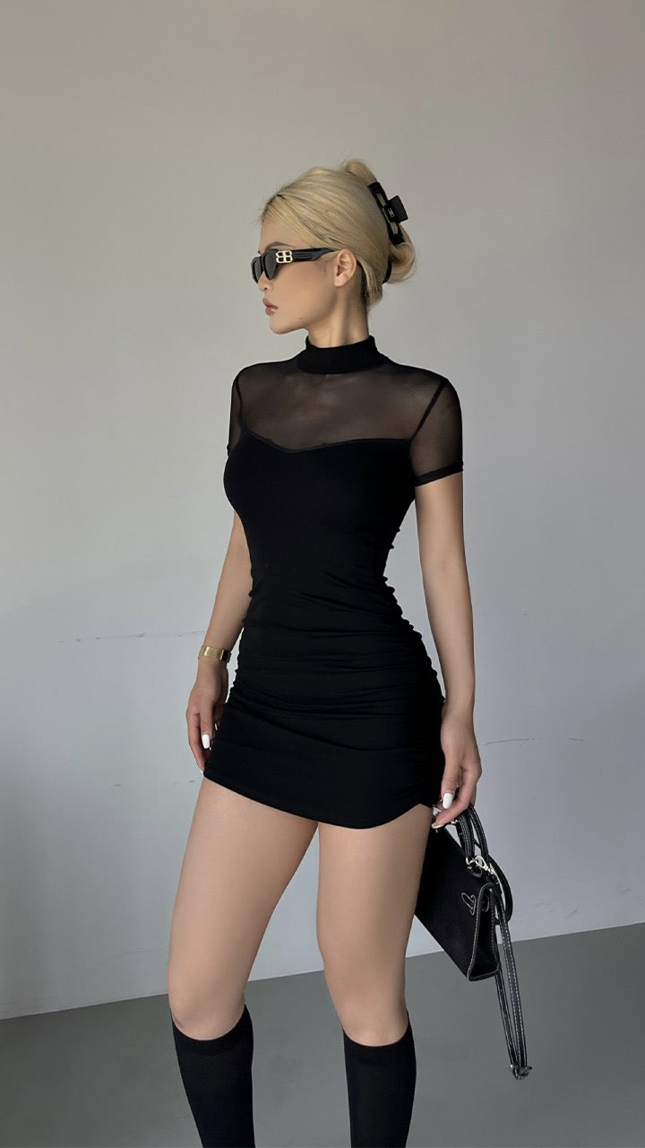 Iya Black mesh stitching dress women's summer new high waist self-cultivation sexy hot girl pleated hip skirt