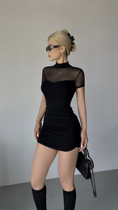 Iya Black mesh stitching dress women's summer new high waist self-cultivation sexy hot girl pleated hip skirt