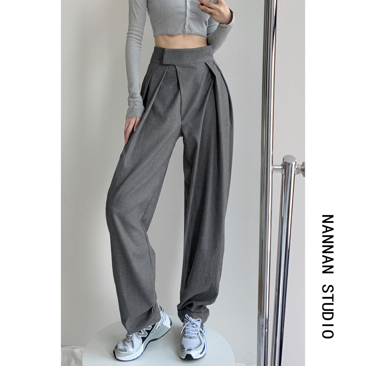 Spring and Autumn Velcro Draping Suit Pants Design Pressed Pleated Loose Straight Mopping Trousers Casual Wide-leg Pants Women