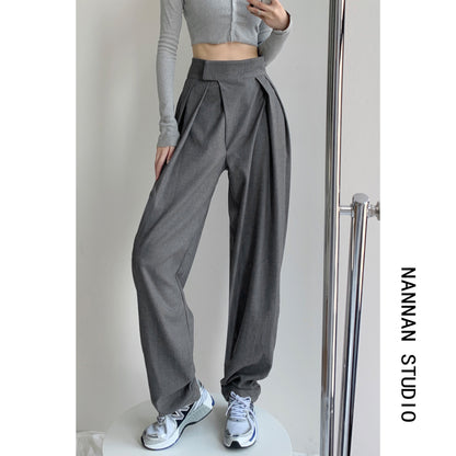 Spring and Autumn Velcro Draping Suit Pants Design Pressed Pleated Loose Straight Mopping Trousers Casual Wide-leg Pants Women