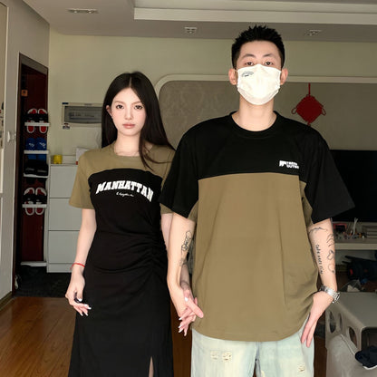 Couple wear summer clothes niche design sense new splicing short-sleeved T-shirt letter printing fake two-piece splicing dress