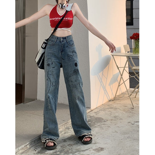 kumikumi design sense graffiti printed jeans women's spring high waist thin straight pants mopping pants long pants