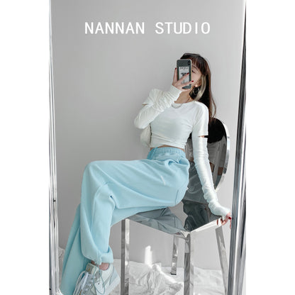 Homemade baby blue loose drawstring trousers 2023 spring and autumn new sports pants ins trendy casual straight leg trousers