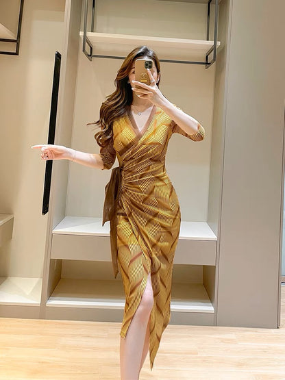 Yellow T-shirt Dress Summer French Ladies Mature Sexy Mesh V-Neck Tie Lee Nhi Boutique Yellow T-shirt Dress Summer French Ladies Mature Sexy Mesh V-Neck Tie Lee Nhi Boutique