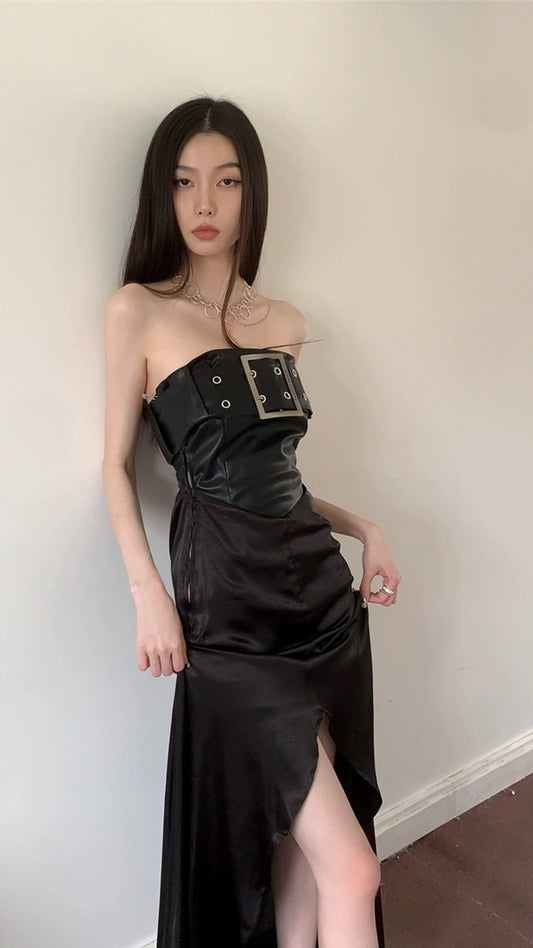 MOXI black "The Shape Of Wind" leather satin stitching drawstring slit bandeau dress