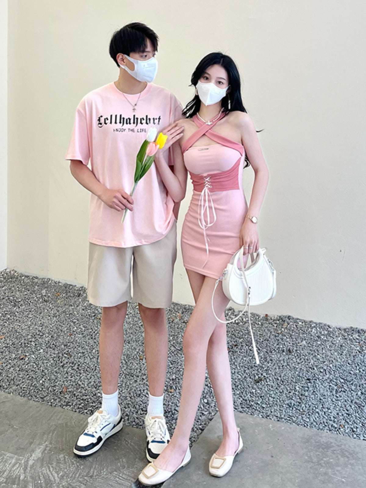 Couple wear summer clothes niche design sense ins short-sleeved T-shirt female cross suspender bag hip dress one skirt one clothes tide