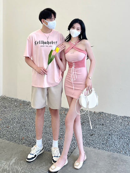 Couple wear summer clothes niche design sense ins short-sleeved T-shirt female cross suspender bag hip dress one skirt one clothes tide