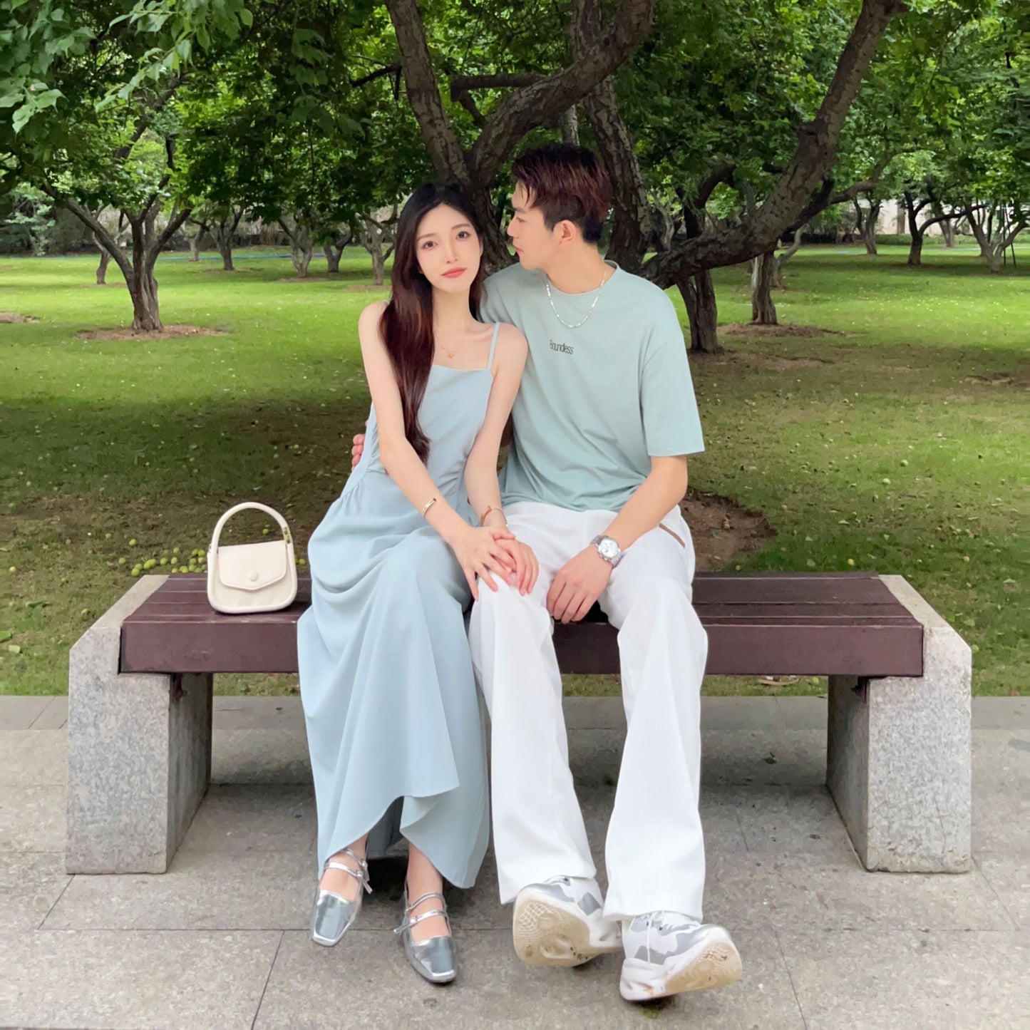 High-end couple wear summer clothes niche ins short-sleeved T-shirt women's suspenders chiffon dress two-piece suit one skirt and one suit
