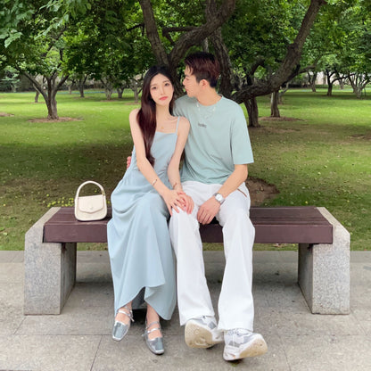 High-end couple wear summer clothes niche ins short-sleeved T-shirt women's suspenders chiffon dress two-piece suit one skirt and one suit