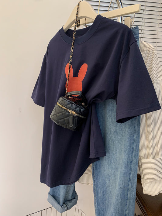 Rabbit front shoulder short-sleeved t-shirt women's summer summer design sense niche half-sleeved small t-shirt top 2023 new