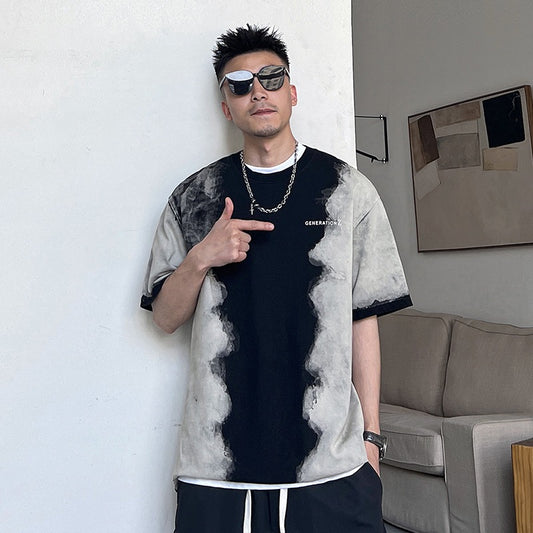 Uncle Bar Summer Casual Contrast Color Tie-Dye Heavy Short-sleeved T-shirt Men's Loose Half-sleeved T-shirt American Trend Five-point Sleeves