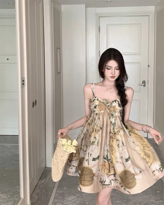 French floral sling dress women's summer 2023 new skirt design sense niche small fluffy skirt