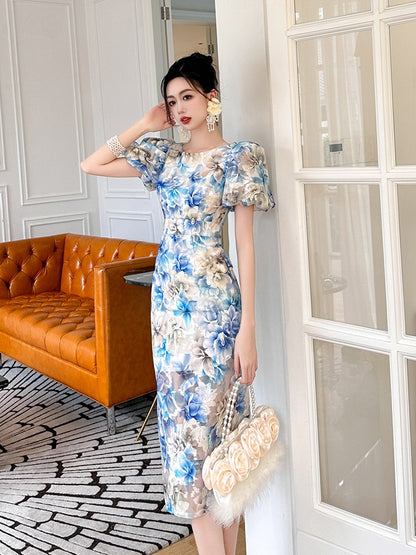 Retro Elegant Light Cooked Floral Floral Hip Dress Women's Wear Light Luxury Age Reduction Slim Puff Sleeve Temperament Straight Skirt