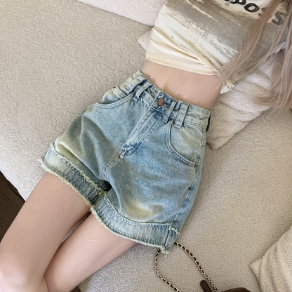 Kumikumi retro raw edge design denim shorts women's summer high waist slimming all-match wide-leg pants hot pants
