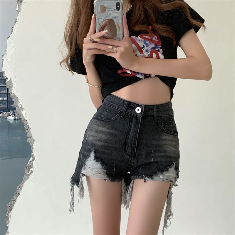 Niche jeans women's summer hot girls high waist hot pants design raw edge blue shorts loose wide leg pants trendy