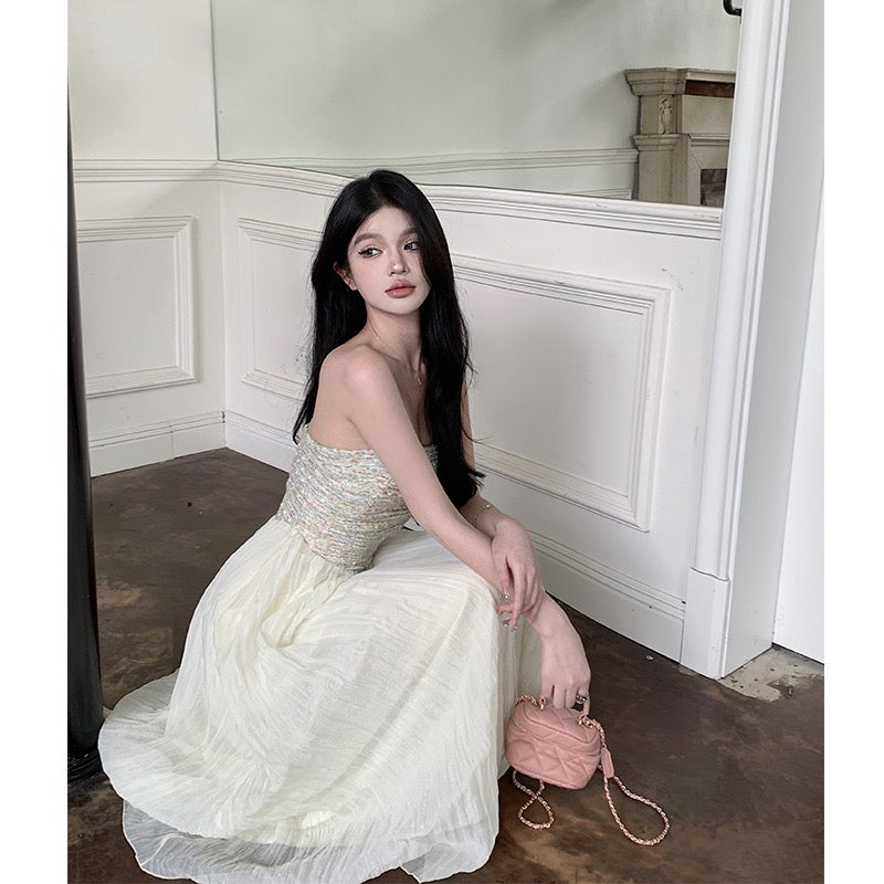 Dress women's small fragrance style woven sequin design sense tube top summer new pure desire temperament waist chiffon long skirt